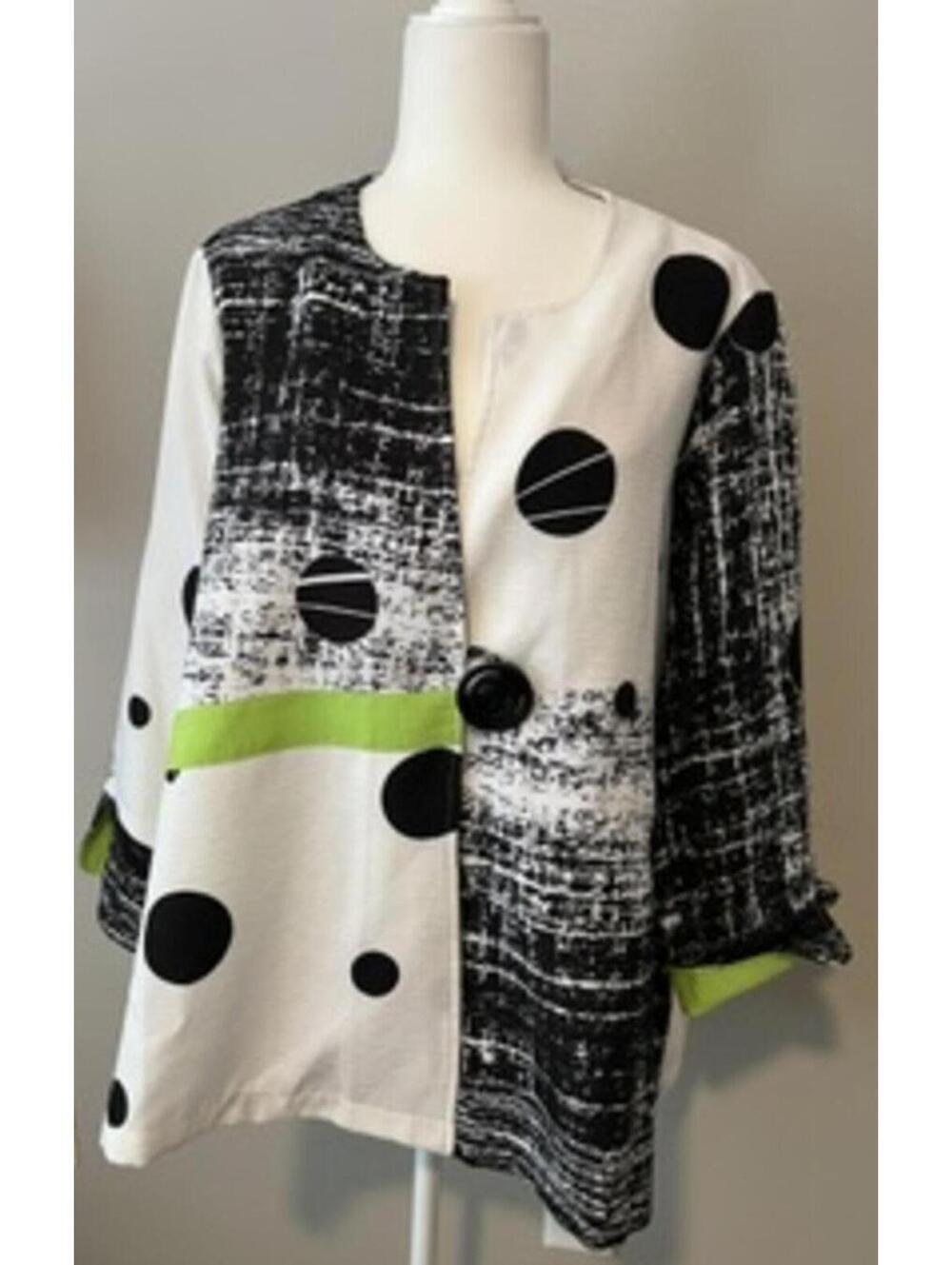 Ali Miles Black and White Polka Dot Patterned Jacket with Green Accent, Size 1X